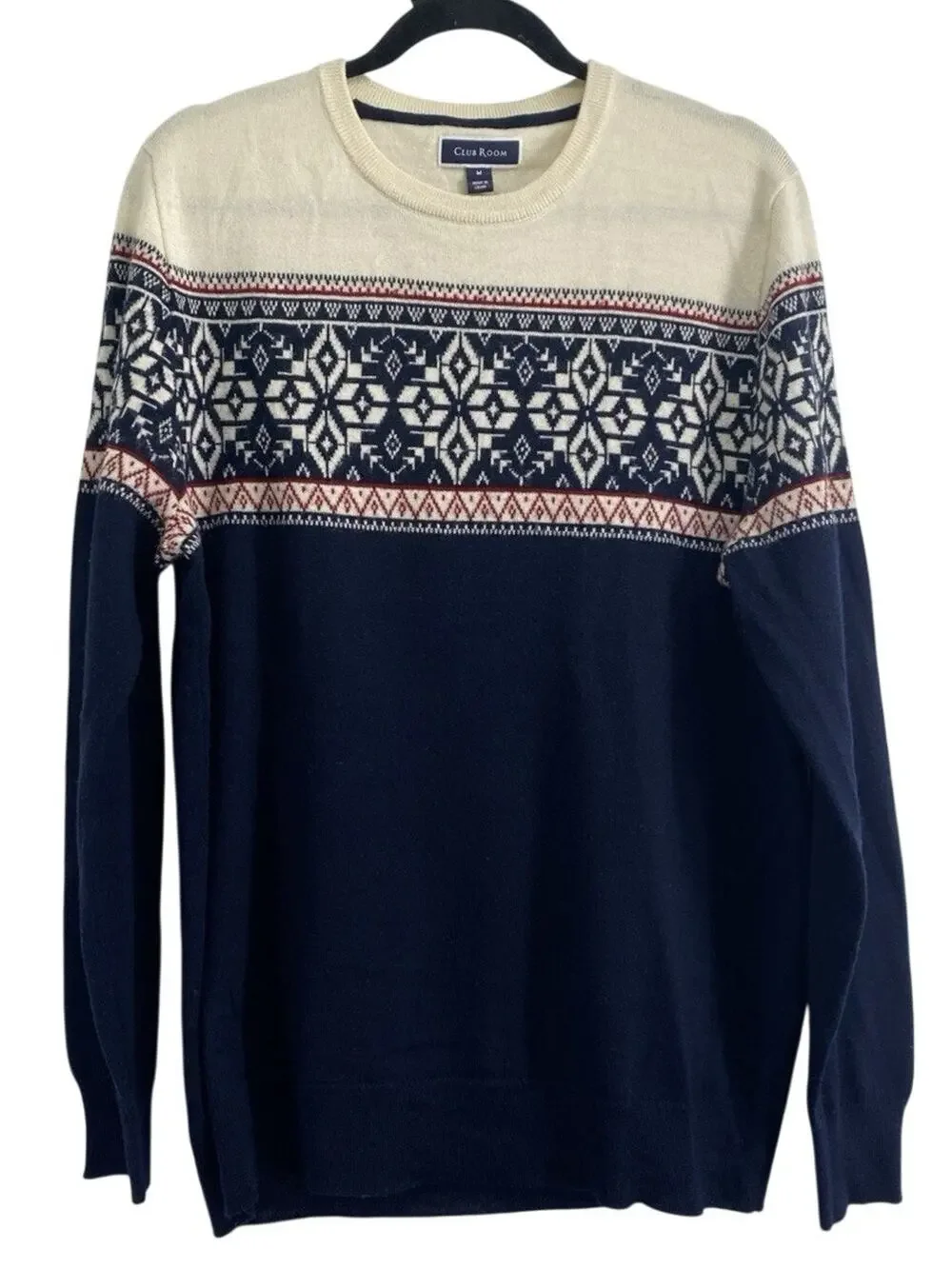 Club Room Men's Merino Thin Wool Blend Sweater Sz Medium Navy Fair Isle Nordic